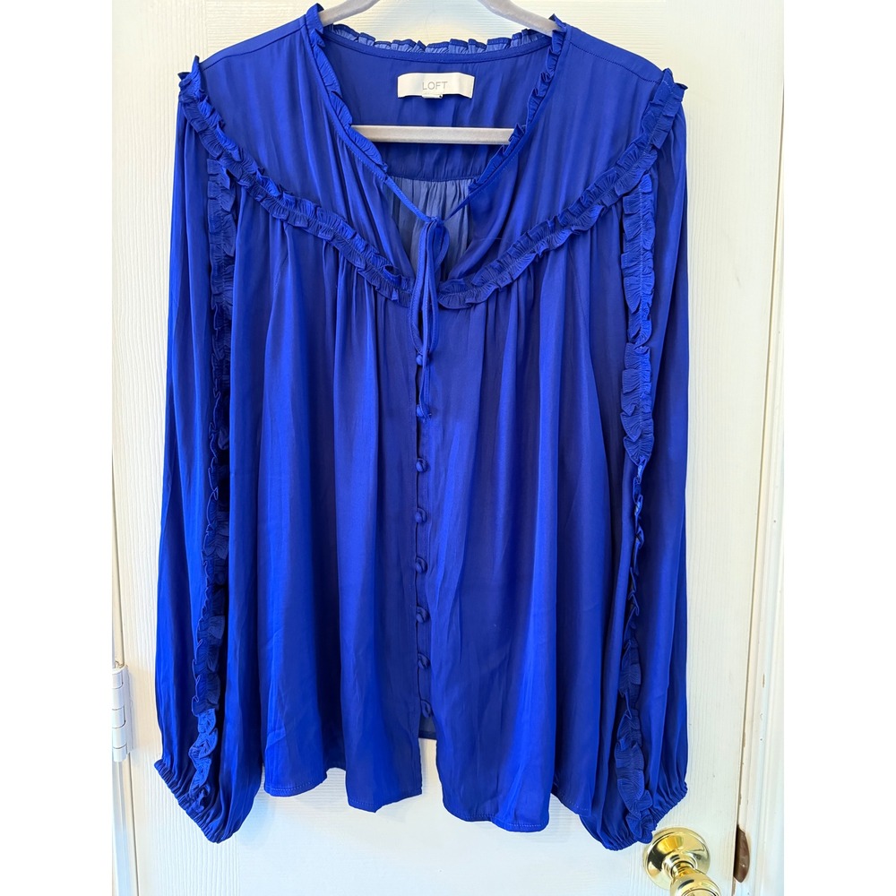 LOFT Ruffle‎ Peasant Blouse XL Cobalt Blue Button Front Long Sleeve Boho Top